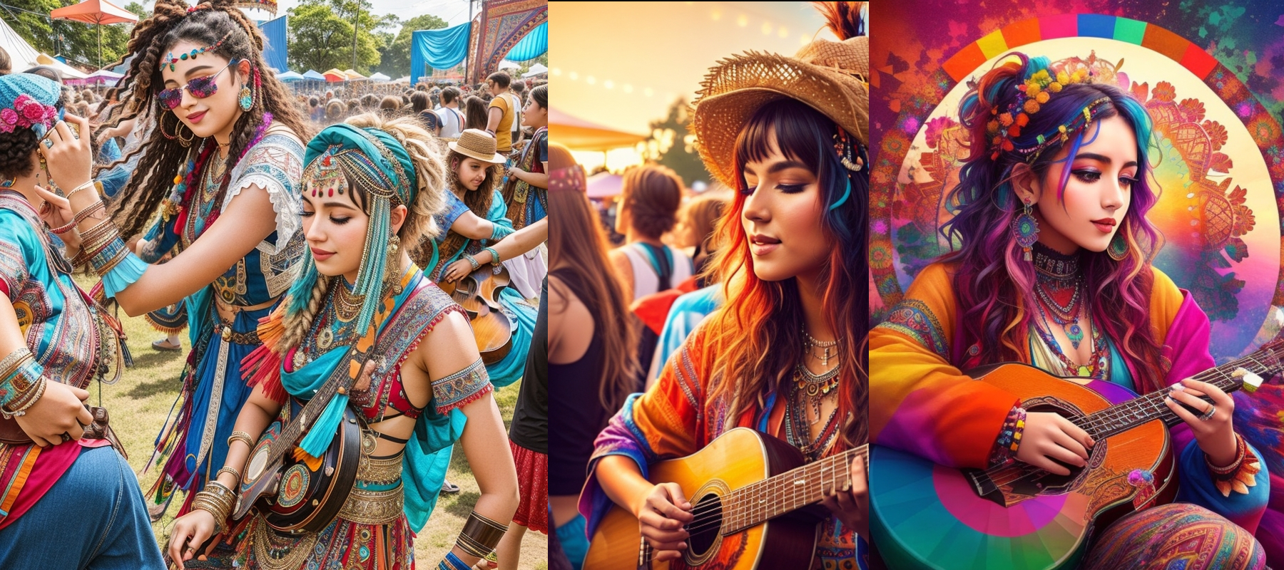 Bohemian style festival with people wearing colorful boho chic fashion